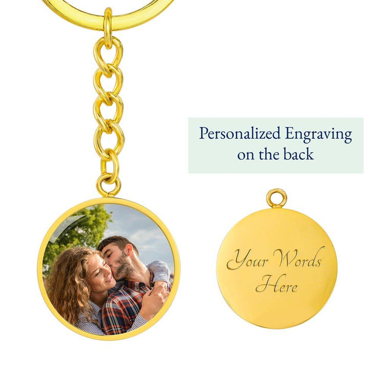 a Photo Upload Personalized Circle Pendant Keychain in yellow gold finish